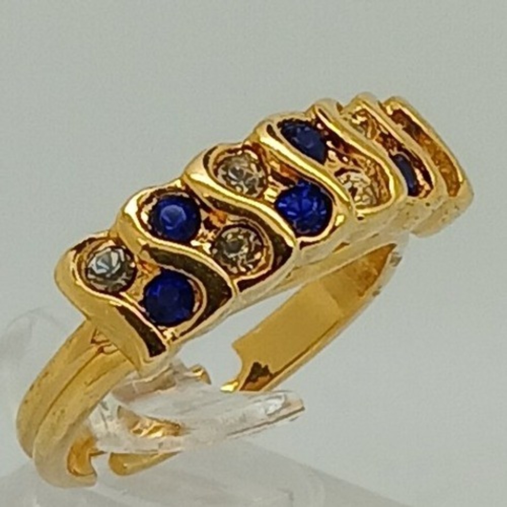 Vintage‎ 90s New Gold Tone Wavy Blue and Clear Crystal Adjustable Ring Size 7